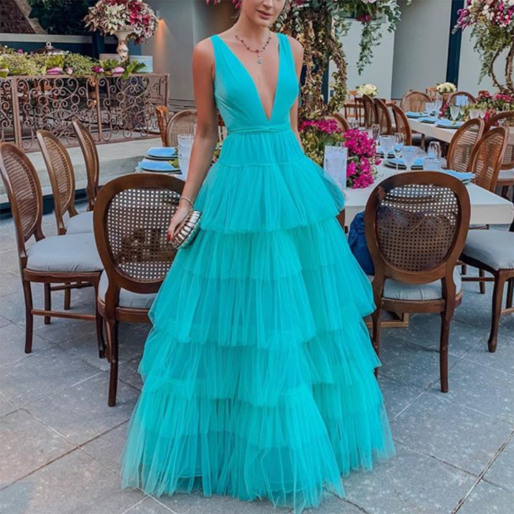 Summer Women Clothing Dress Net Yarn Cake Dress V neck Brace Evening Dress