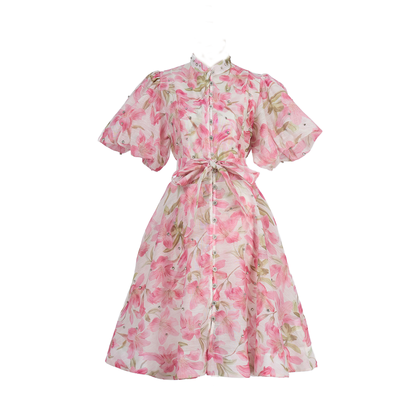 Women Summer Autumn Printed V Neck Puff Sleeved Tie Waist Wide Leg Umbrella Dress
