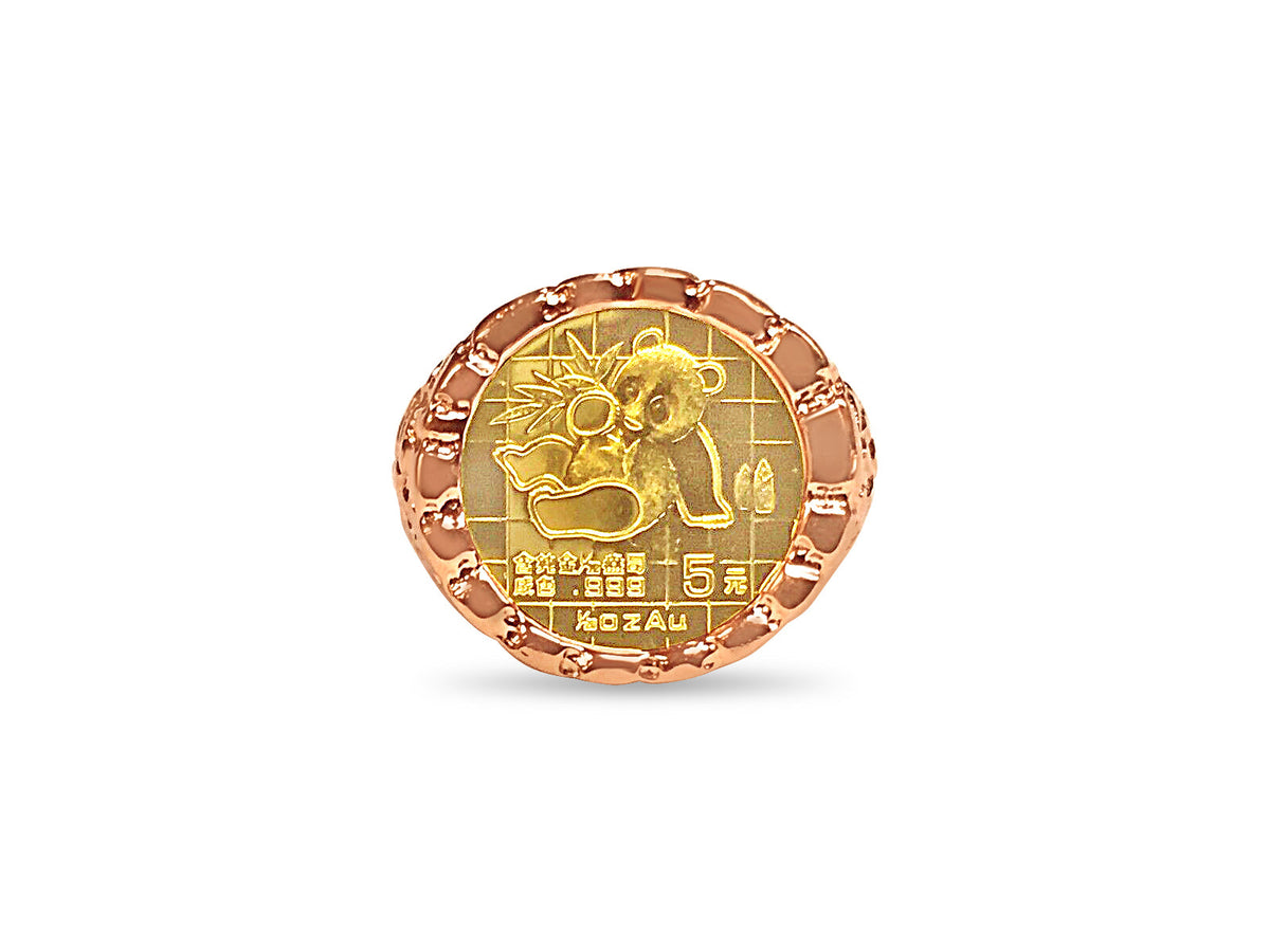 Nugget Solid White/Yellow/Rose Gold Handmade Coin Ring , Chinese Panda Bear Coin ,