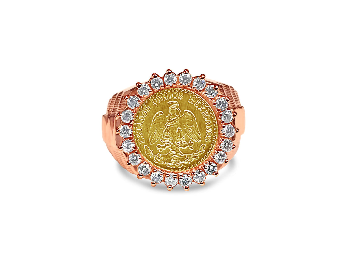Diamond Fancy Solid White/Yellow/Rose Gold Handmade Coin Ring , Dos Pesos Coin ,