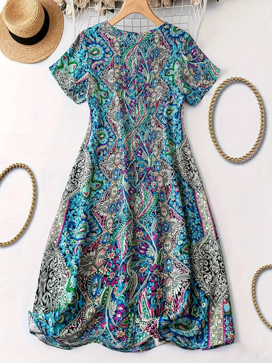 Paisley Print V-Neck Short Sleeve Dress