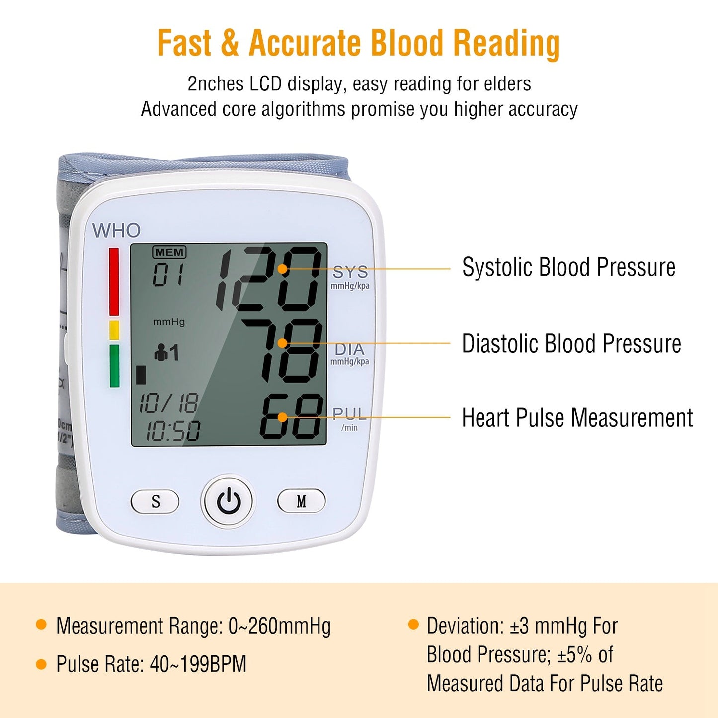 Blood Pressure Monitor Wrist Digital High Blood Pressure Cuff Heartbeat Tester w/ 90x2 Reading Memory 2In LCD Screen Storage Box
