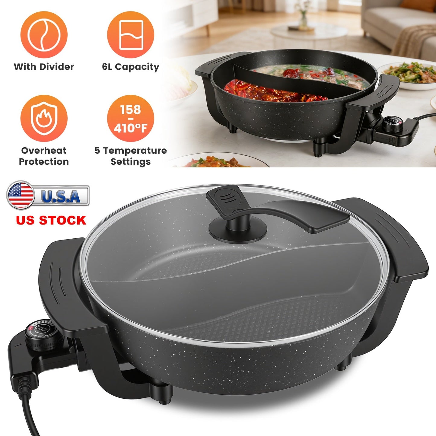 6L Electric Hot Pot with Divider 1100W Dual-Flavor Pot Shabu Shabu Pot Non-Stick with 5-Temp Control for Shabu Shabu Fondue Perfect for Family Gatheri