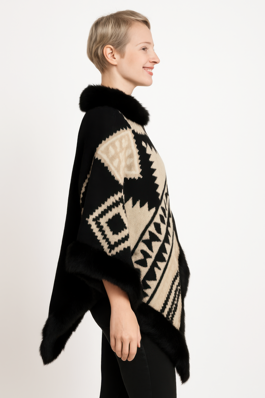 Tribal Luxe Faux Fur Trim Poncho