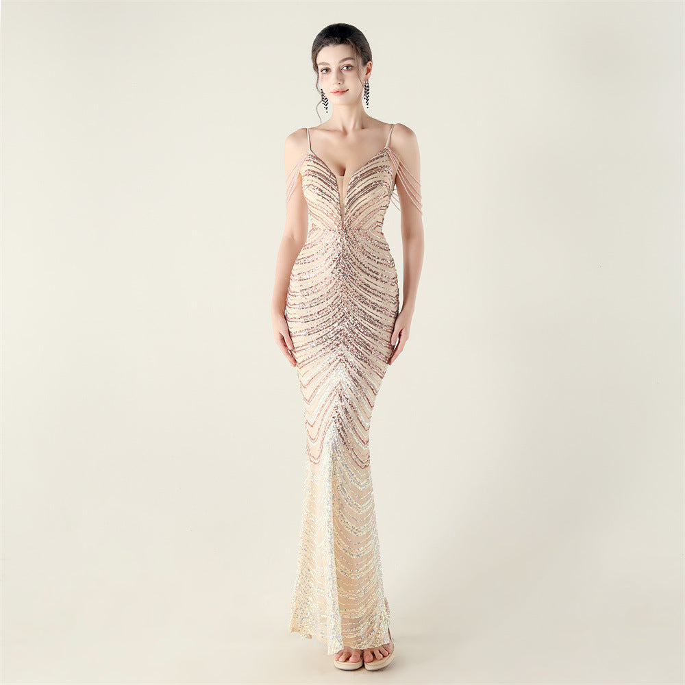 Deep V Plunge neck Wave Gradient Sequin Evening Dress Positioning Floral Cutting Craft Beaded Cocktail Battle Gown