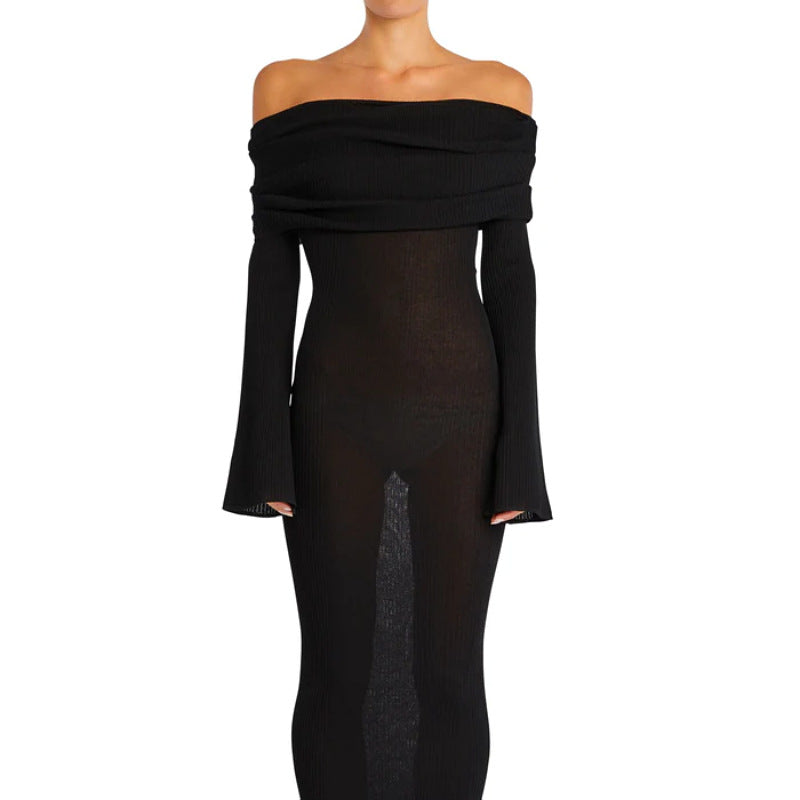Maxi Dress Women Sexy Solid Color Long Sleeve off Shoulder Pleated Knitted Dress Women