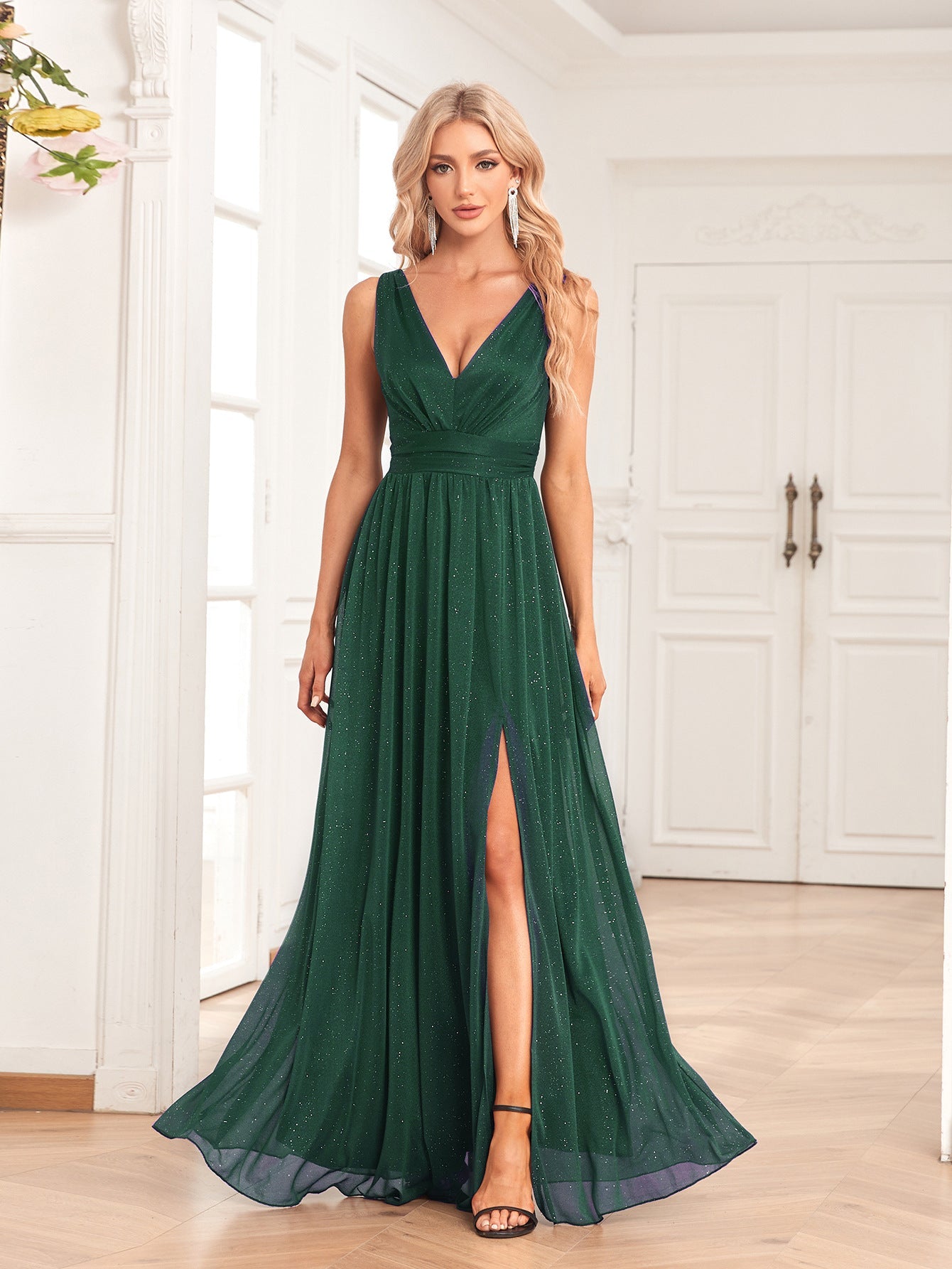 Sparkling Chiffon Sleeves Evening Dress Double V Neck A Line Bridesmaid Party Dress Side Slit Mopping