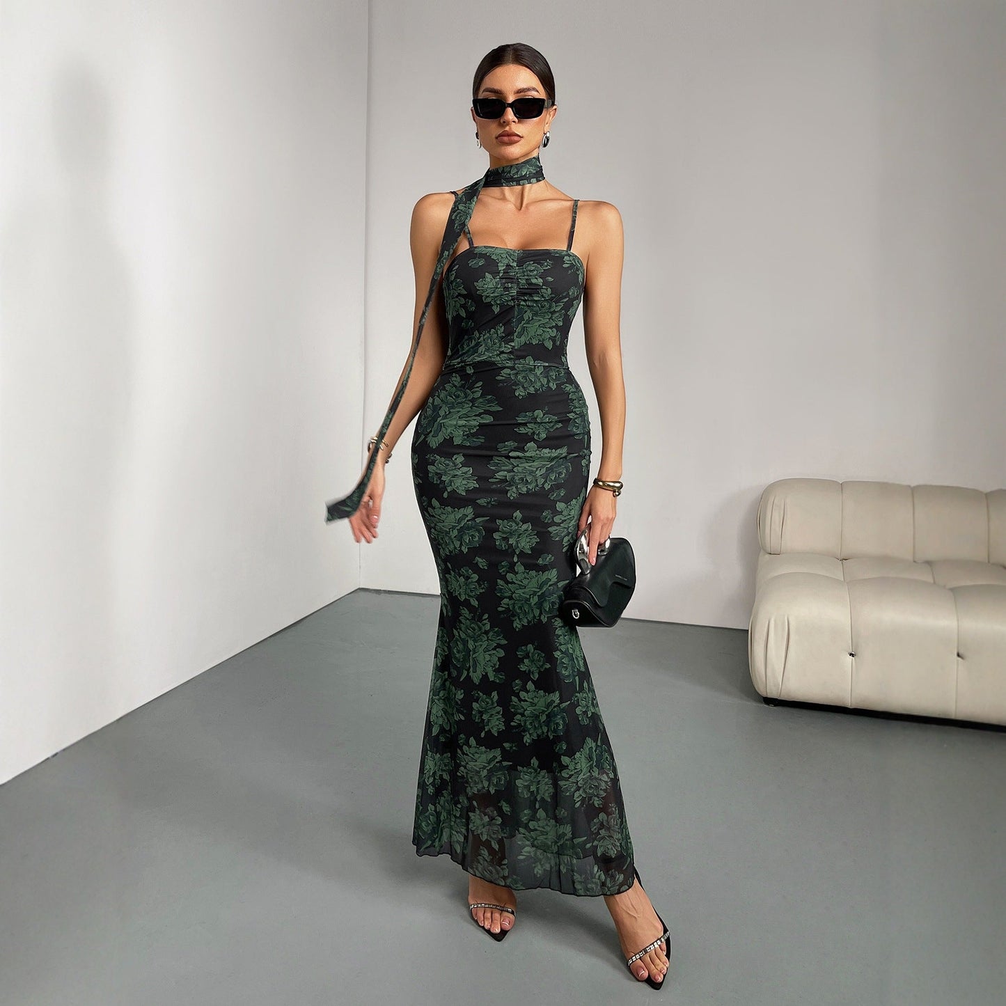 Spaghetti Strap Floral Print Fishtail Dress Women Printed Tight Wedding Bridesmaid Cocktail Party Formal Dress