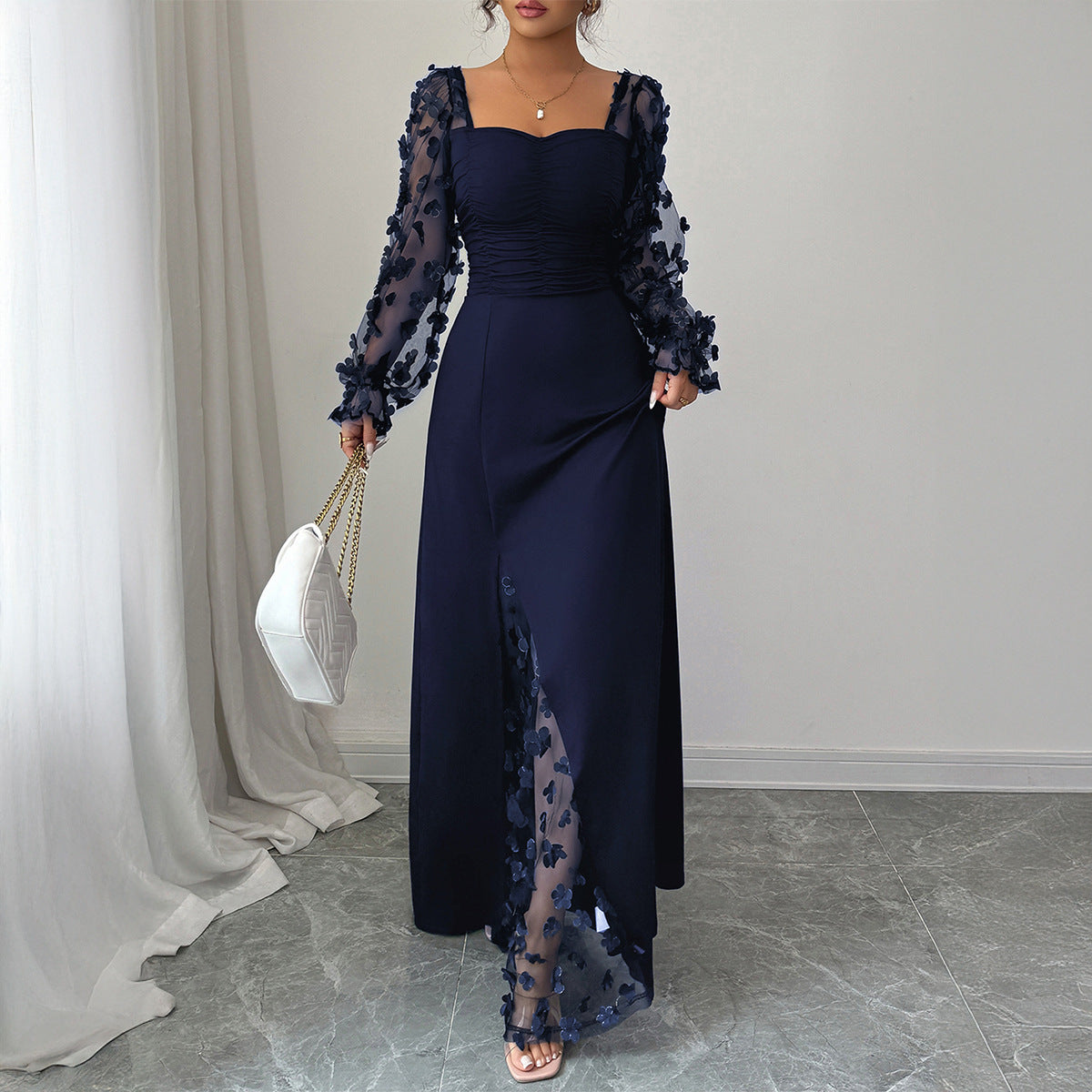 Elegant Dignified Hollow Out Cutout Long Sleeve Long Dress Women Clothing Autumn Winter