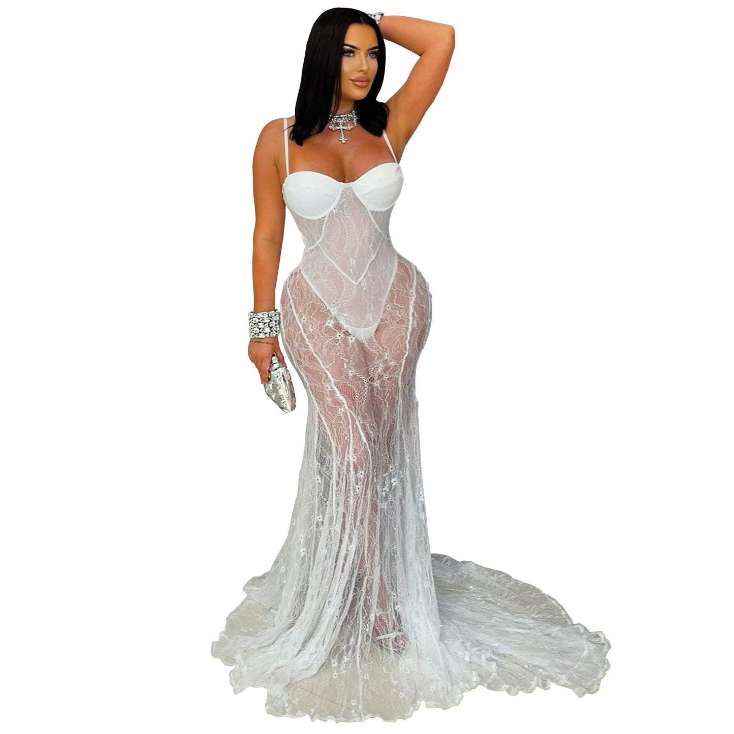 Women Wear Sexy Sling Lace See through Formal Dress