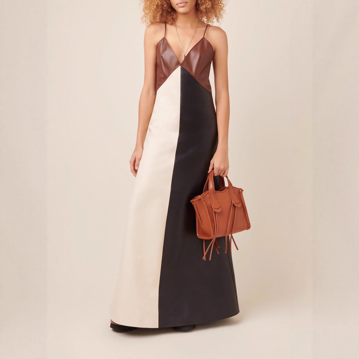Autumn Winter Women Clothing Contrast Color Sexy Strap Faux Leather Stitching Dress Slim V neck Leather Dress