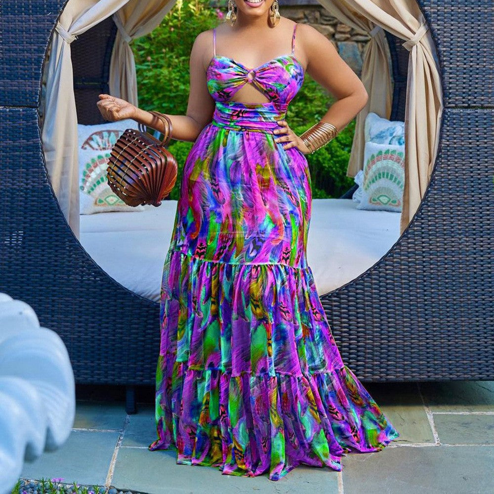 Summer Women Clothing Sexy Strap Dress Printed Sleeveless Backless Maxi Dress