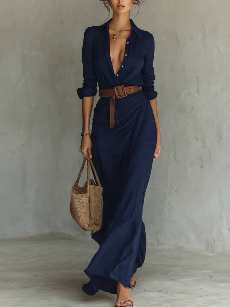Women Clothing Autumn Elegant Graceful Sexy Solid Color Irregular Asymmetric Pleated Dress with Belt