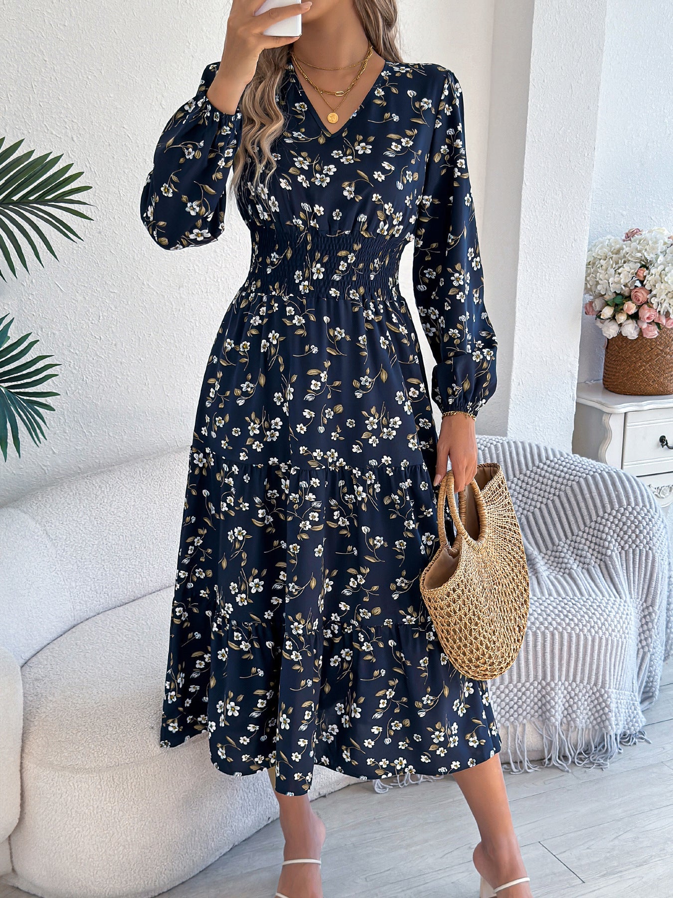 Autumn Winter Elegant Floral V neck Long Sleeve Waist Trimming Ruffles A line Women Clothing