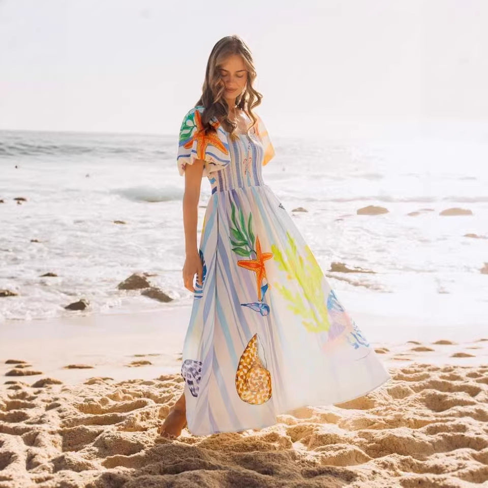 Dress Submarine Creature Printed Vacation Puff Sleeve Dress
