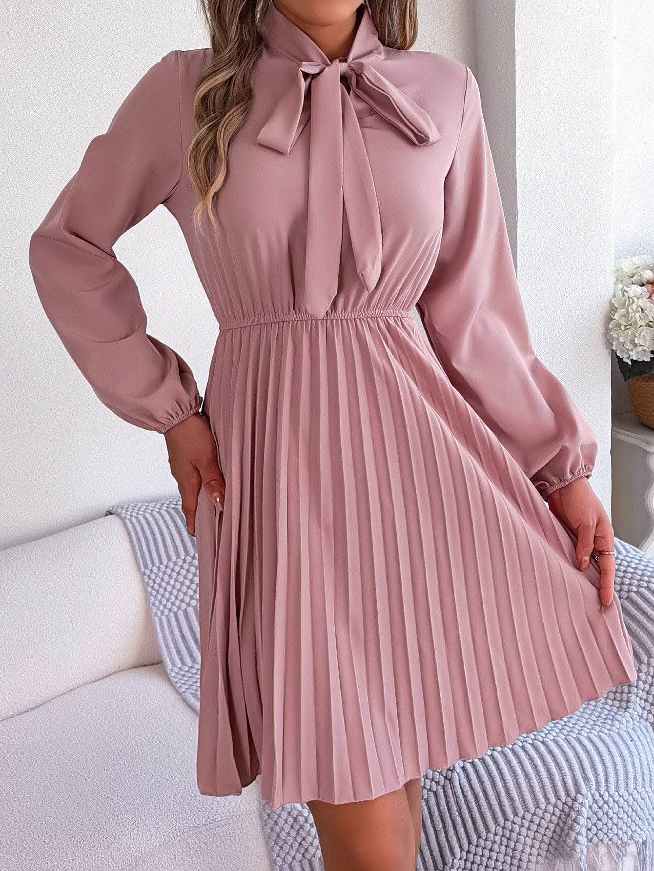 Autumn Winter Elegant Tied Waist Controlled Long Sleeves Pleated Dress Women Clothing