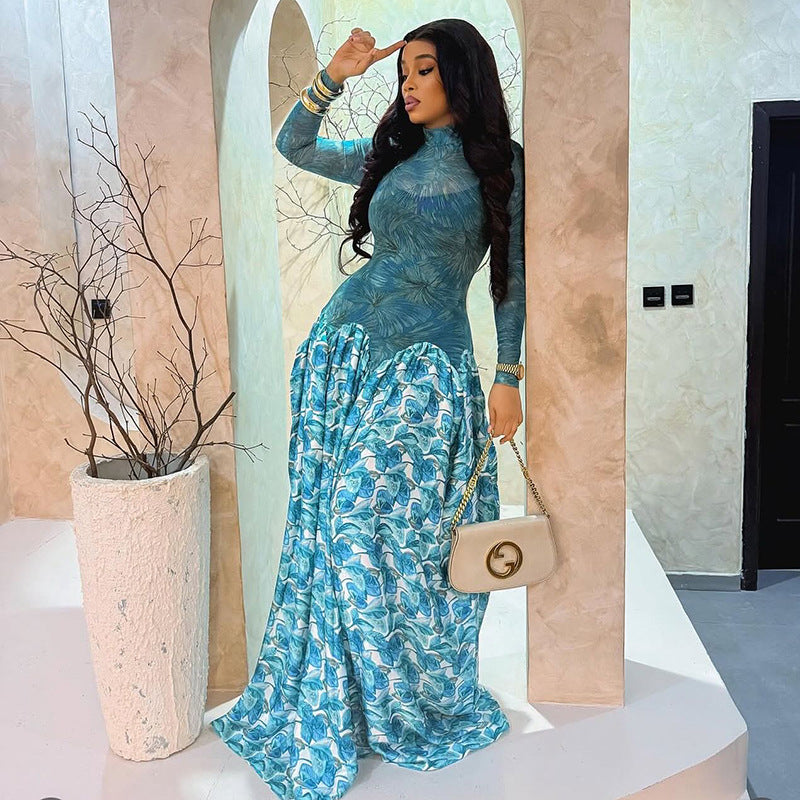Printing Stitching Women Clothing Slightly Transparent Fresh A line Dress Turtleneck Elastic Slim Fit Long Sleeve Dress