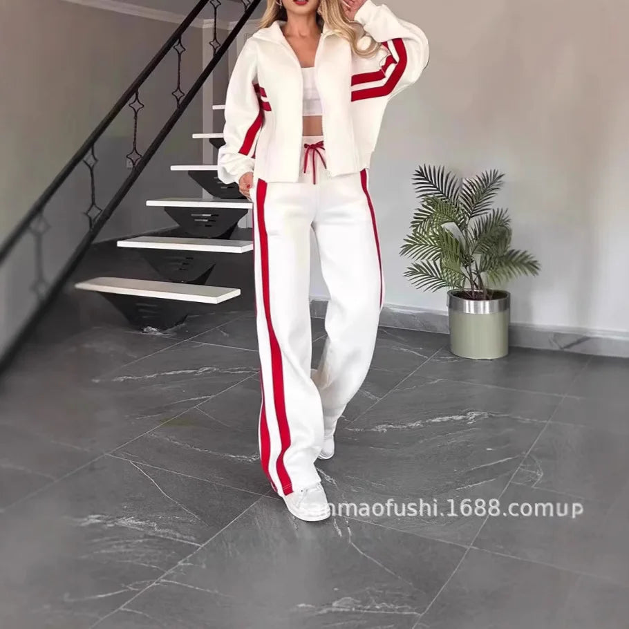 Striped Zipper Coat+sweatpants Two Piece Set Women Casual Batwing Sleeve Sports Jacket Outfits Autumn Winter Sweatshirt Suit Y2K