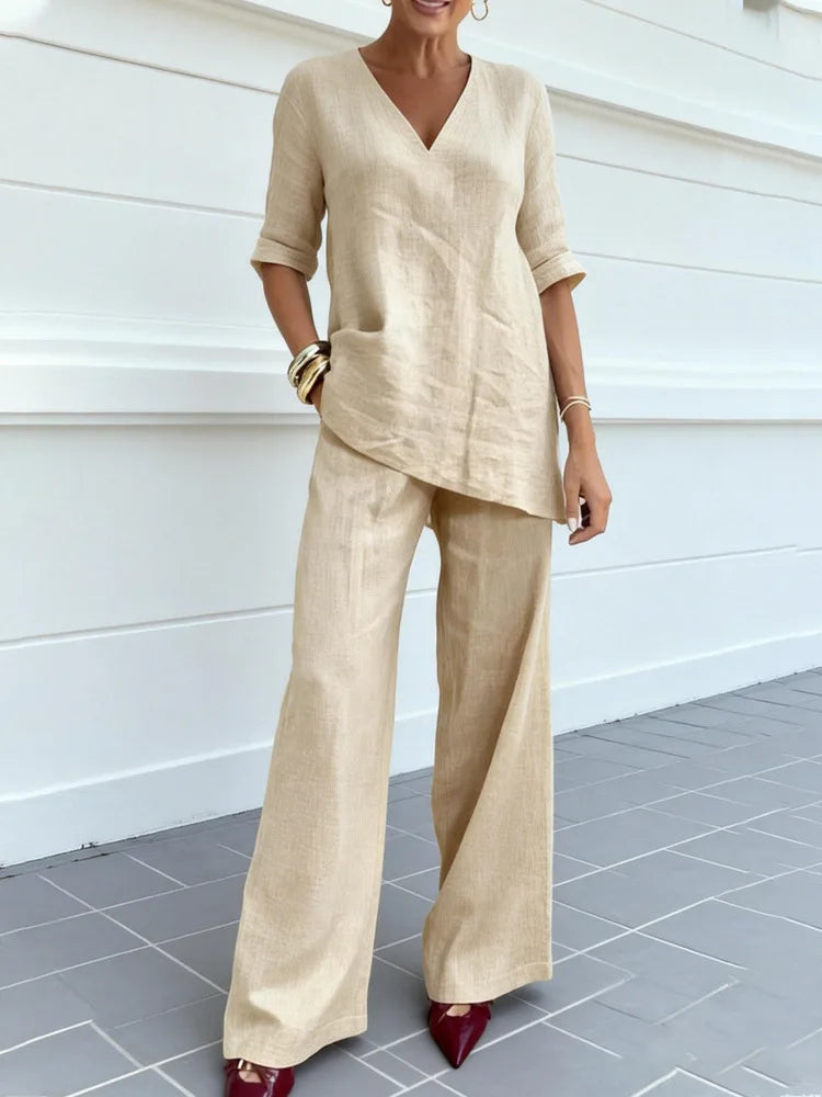 Women's Two-piece Set 2026 Mid-sleeve V-neck Top Straight Pants Spring Summer Women's New Casual Cotton Linen Solid Color Suit