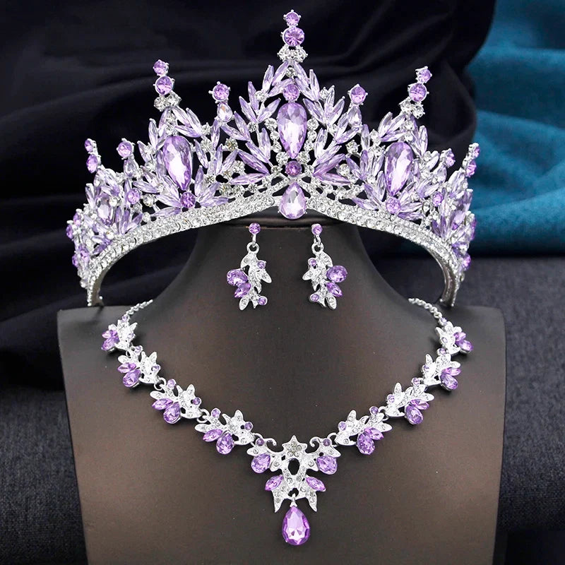Royal Queen 3 Pcs Tiaras and necklace earrings for Bridal Jewelry Sets Women Brides Wedding Crown Prom Birthday Accessories