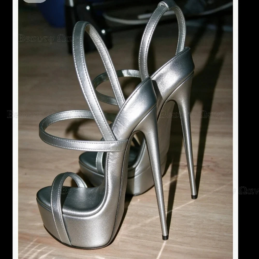 Gold Solid Platform Round Toe Shoes Cut Heel Sandals Women Shoes Ankle Band Spike High Heel Shoes for Girls Zapatos Para Hombres