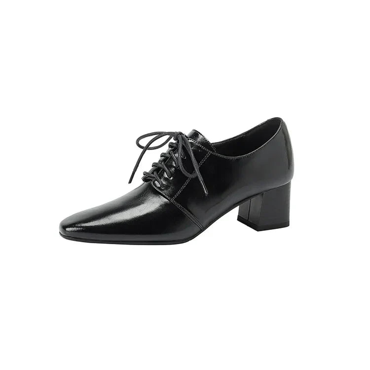 NEW Spring/Autumn Women Pumps Square Toe Chunky Heel Shoes Concise Split Leather Shoes for Women Lace-up Handmade Women Shoes
