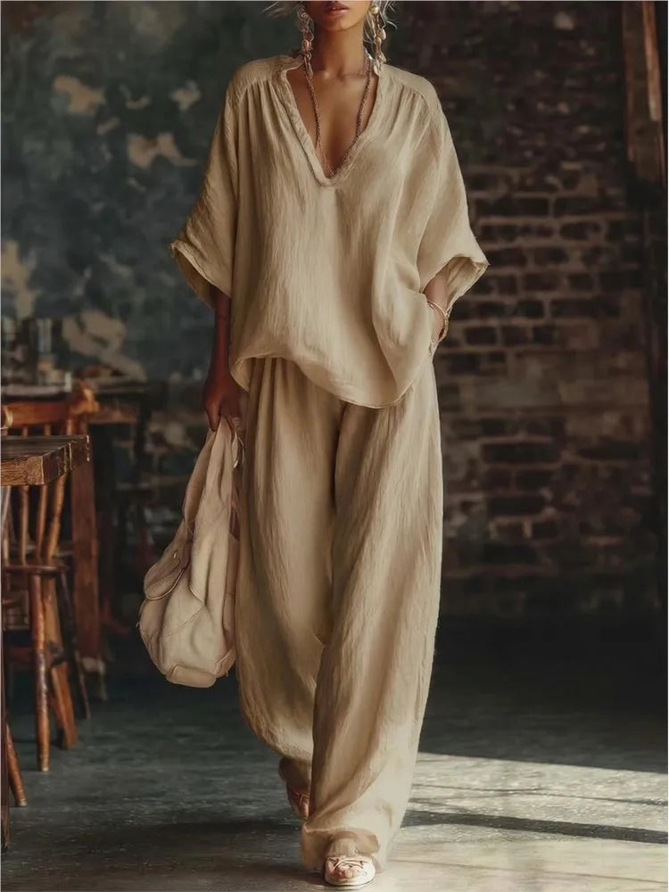 Fashion V-neck Short-sleeved Loose Top Women's Suit Summer New Casual Retro Female Vacation Lazy Trousers 2-piece Set 2026