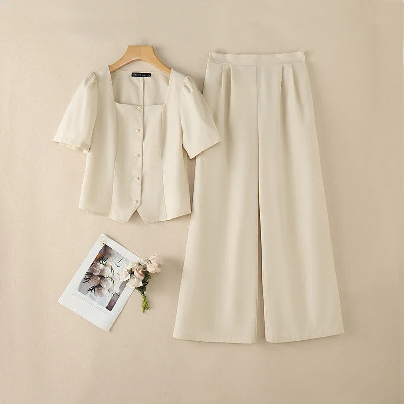2PCS Women OL Work Outfits ZANZEA Summer Square Neck Short Sleeve Blouse Wide Leg Pant Sets Solid Color 2 Pieces Sets Tracksuit