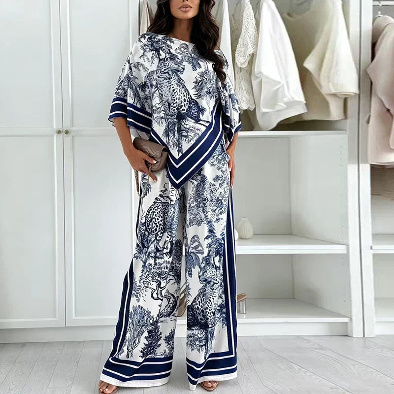 Vintage Printed Shirt High Waist Wide Leg Pants Suit Women Casual Two Piece Set Irregular 3/4 Length Shirt Trousers Holiday Sets