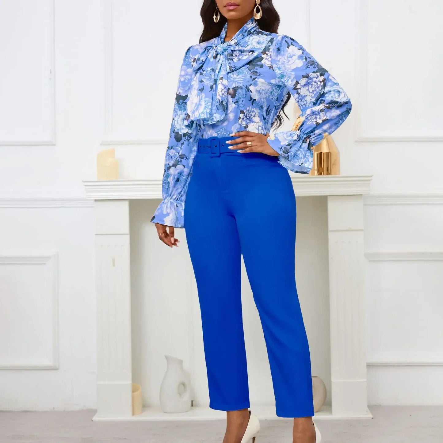 2 Piece Set Clothes for Women Spring Clothing 2024 New Plus Size Outfit Print Shirt Pants Matching Sets With Belt