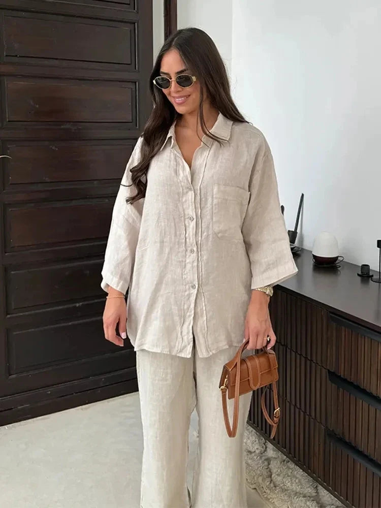 Women Elegant Lapel Pants 2 Piece Sets Chic Long Sleeves With Pocket Shirt Loose Wide Leg Trousers Sets 2025 Streetwear Outfit