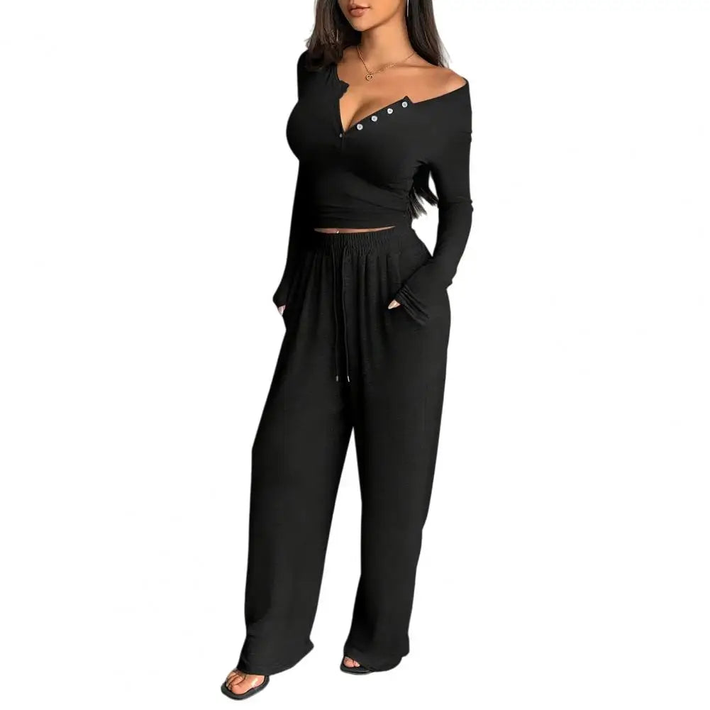 Button Up Crop Top & Wide Leg Pants Set, Women's Long Sleeve Matching Lounge Outfit Casual Fall Spring Tracksuits 