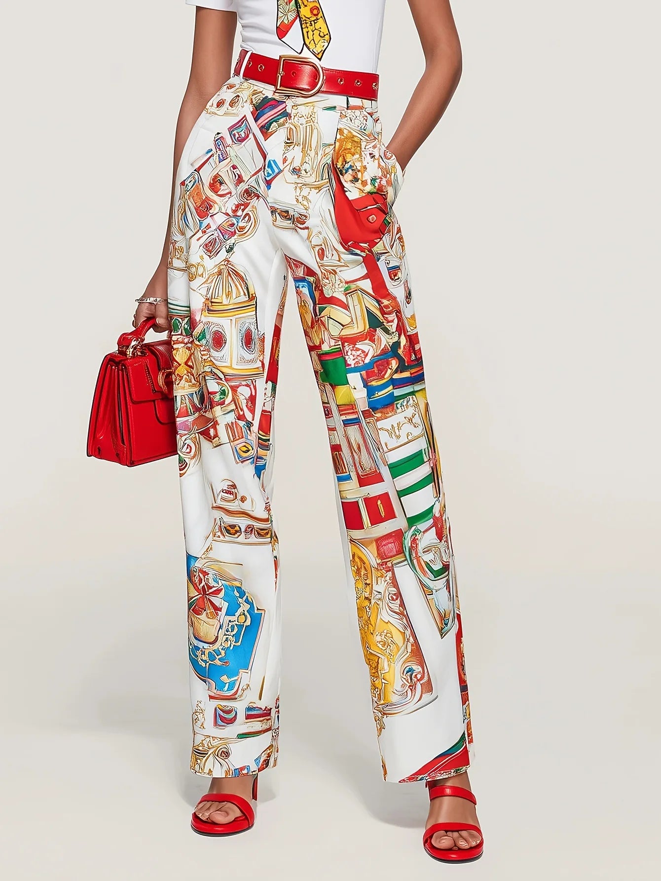 Spring Urban Patterns Printing Trousers Suit Women Round-neck Short Sleeve Tops+high Waist Straight Pants Autumn Two Piece Set