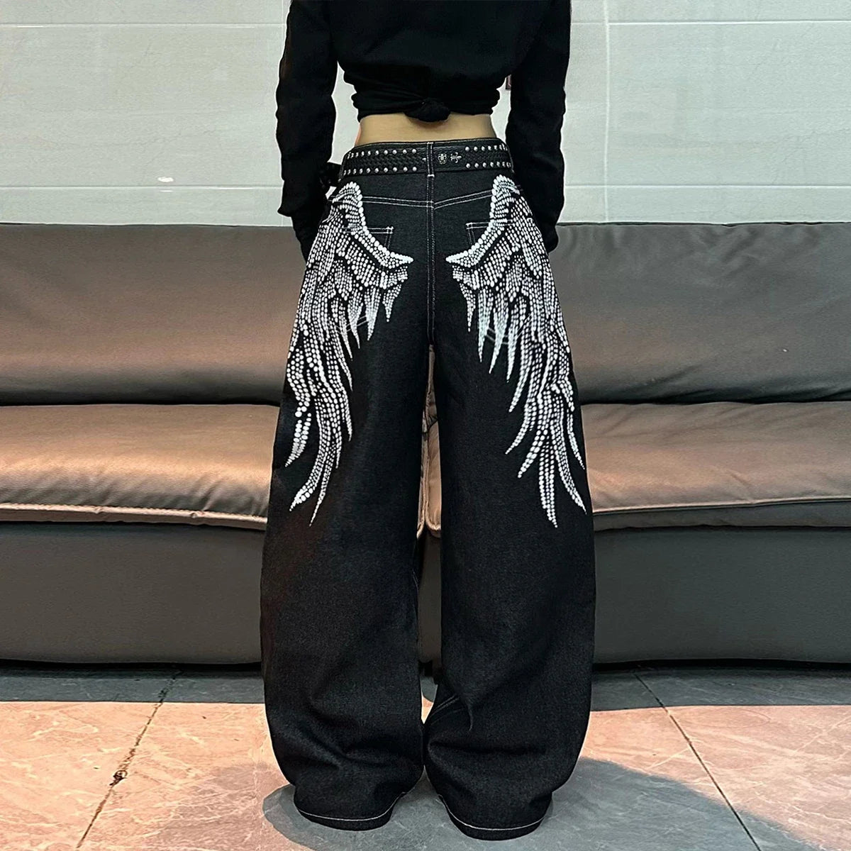 1 Pc American Retro Wing Print Loose Jeans, Street Trend Fashionable