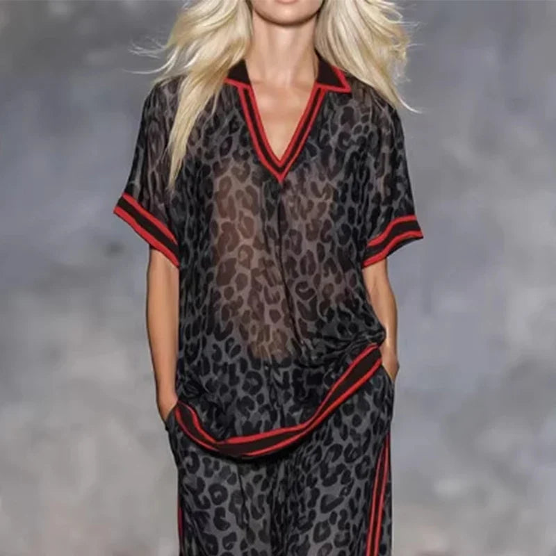 Summer Casual Outfits Female Leopard Print Stripe Contrast Color Two Piece Set for Women Short Sleeve Top & Wide Leg Pants