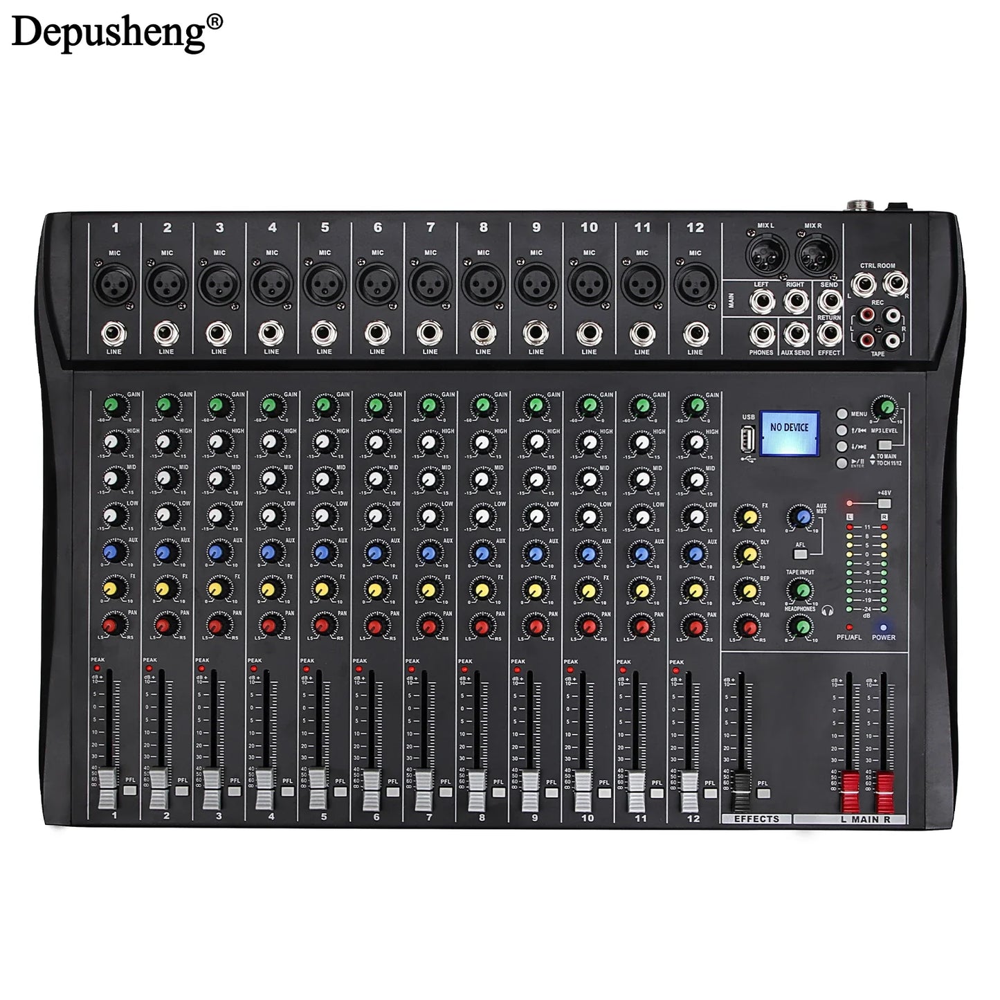 Audio Mixer 6/8/12 Channels Professional DJ mixer LR microphone/line input, AUX,FX processor MP3, headphones, +48V Phantom