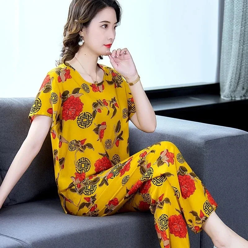 Women Summer Sets NEW Middle Aged Elderly Mother Cotton Silk Suit Casual Print Short Sleeve Top + Pants 2 Piece Set Femme Outfit