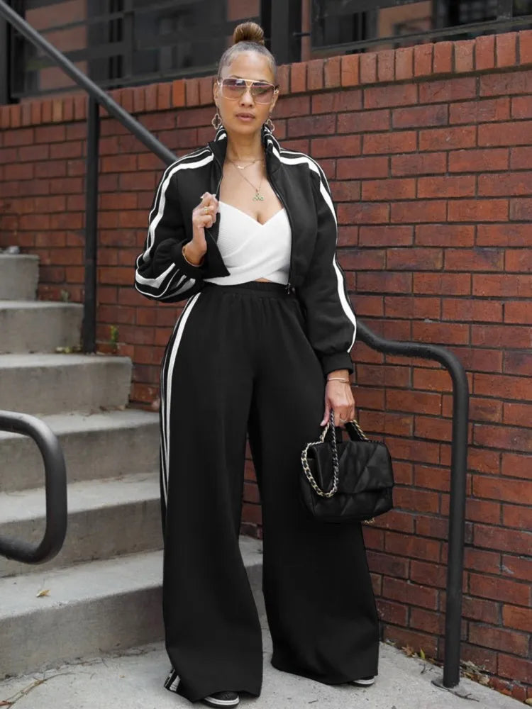 Fashion Splicing Striped Zipper Sports Suit Women'S Spring Autumn Thick Hoodie Casual Loose Wide Leg Trousers 2 Piece Set Female