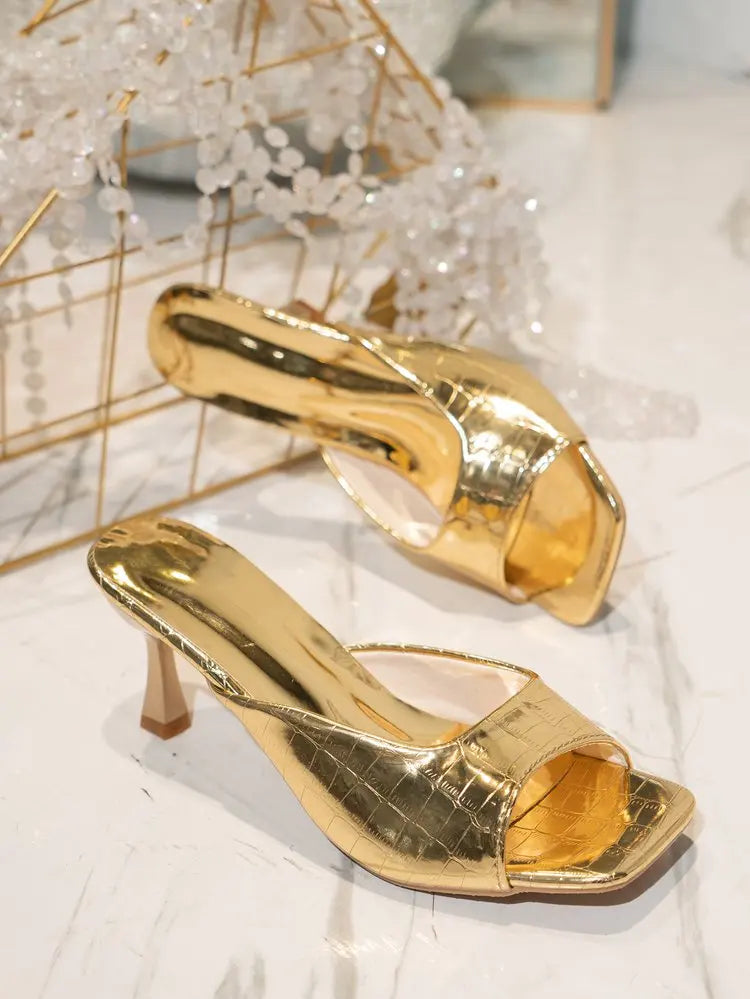 Luxury Gold High Heels Slippers Women 2026 Summer Square Toe Thin Heeled Sandals Woman Plus Size 42 Party Shoes Ladies Pumps