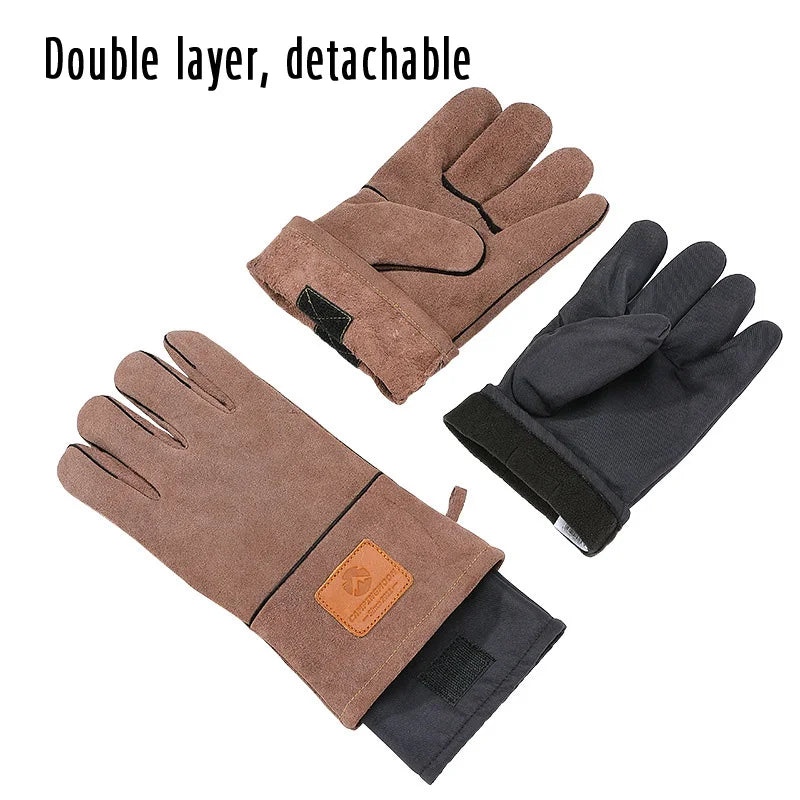 Campingmoon Flame Retardant Heat Insulation Leather High Temperature Outdoor Camping Picnic BBQ Gloves