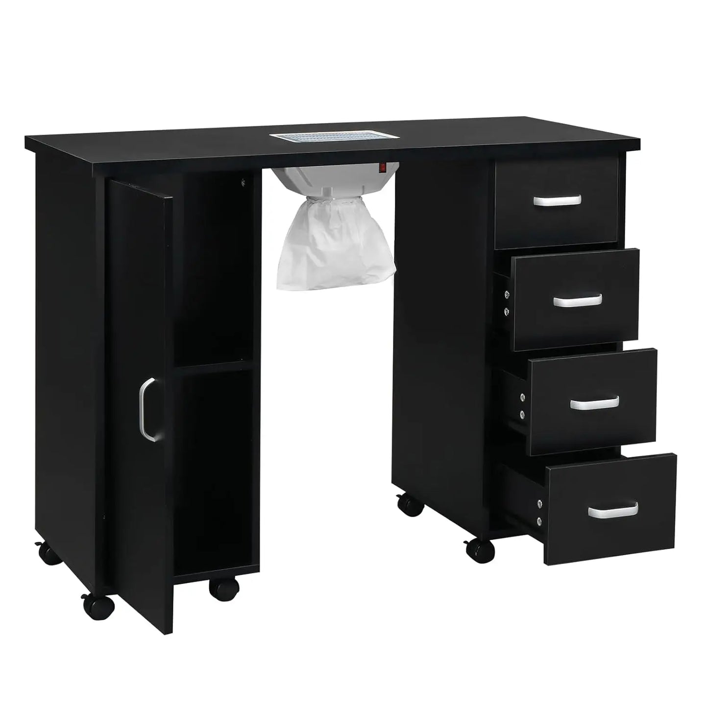 Manicure Nail Table, White Salon Desk with Dust Collector, 4 Drawers | Side Cabinet, Removable Drawers, Rolling, Customized