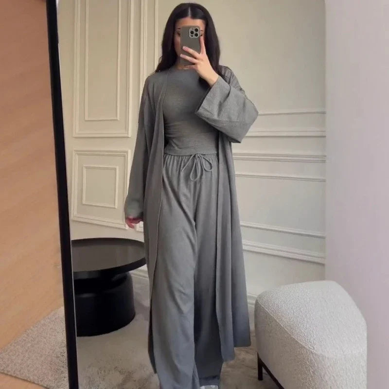 Pant Set Women Three Piece Sets Round Neck Short Sleeve Shirt Straight Pants Lace Up Long Robe Y2k Streetwear Work Casual 2026