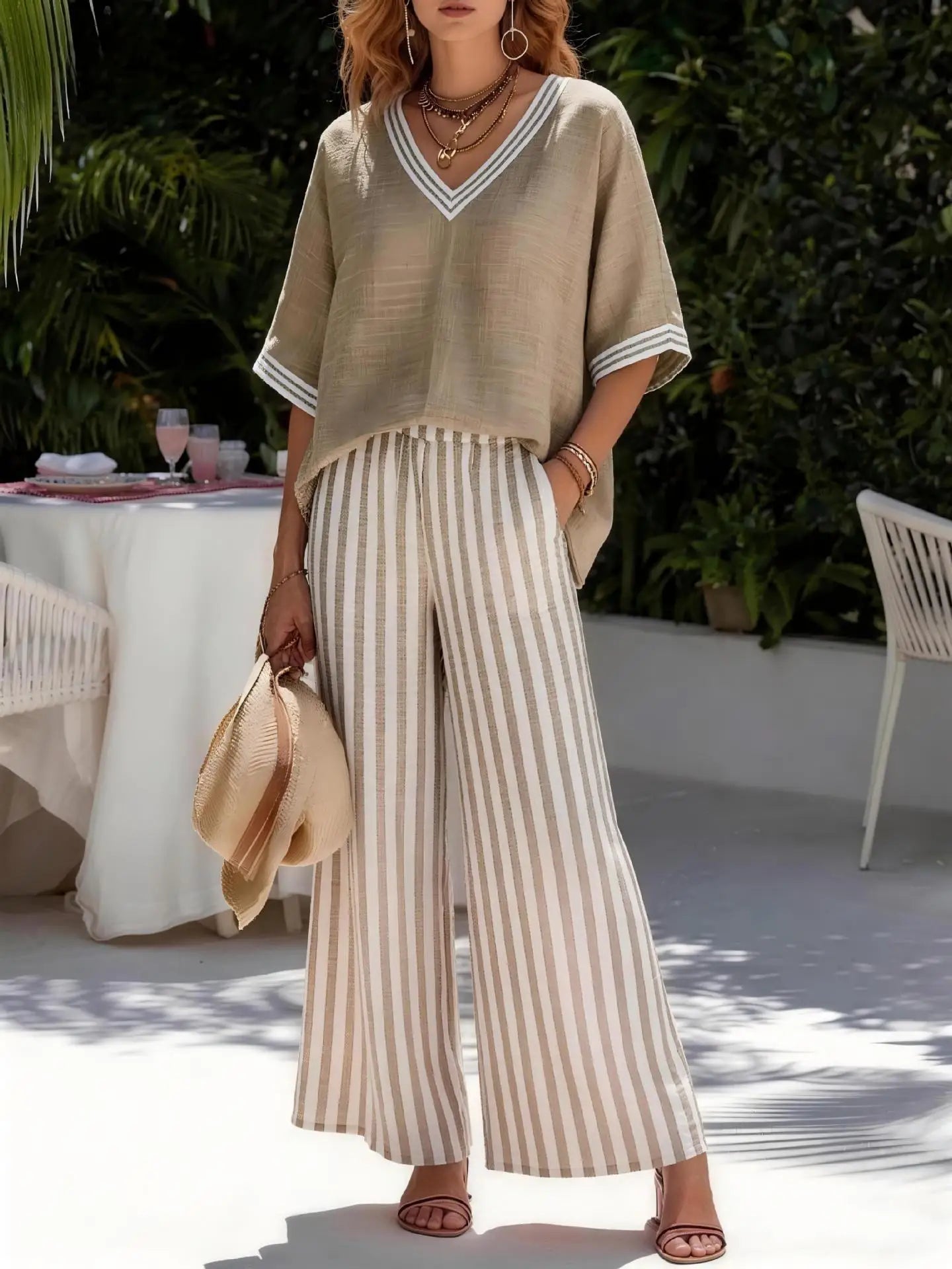 2026 Fashion Women's Casual Striped Comfortable Loose V-Neck Cotton Hemp Two-Piece Set