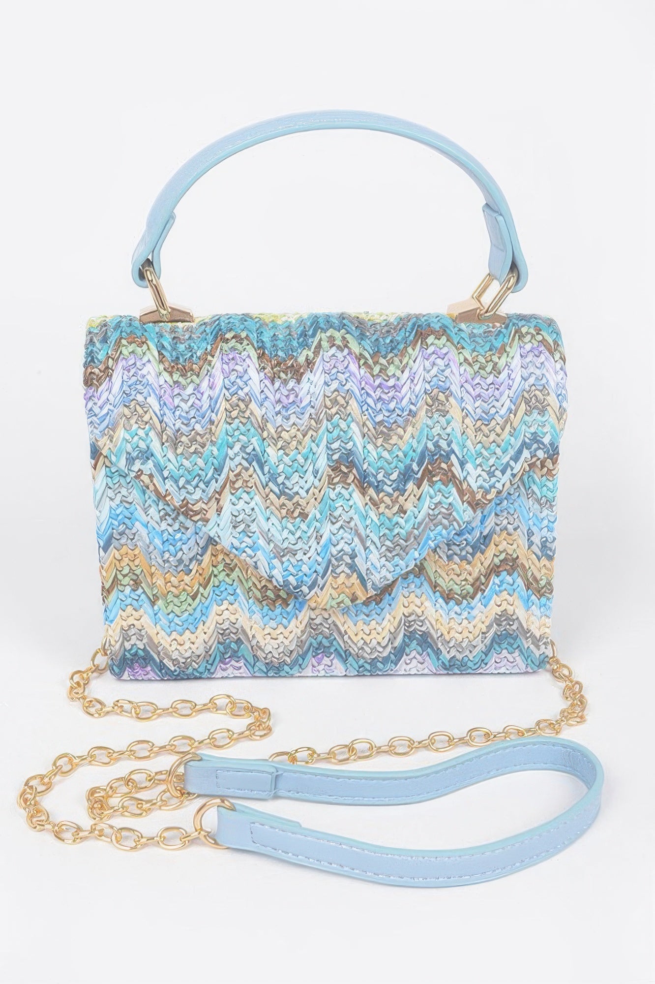 Faux Straw Top Handle Flap Bag