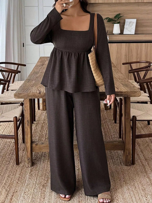 Square Neck Long Sleeve Top and Pants Two-Piece Set