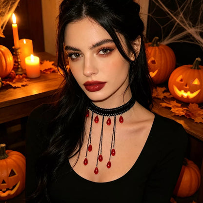Gothic Lace Choker Necklace with Teardrop Dangle Charms