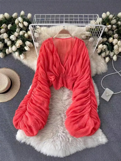 Smocked Ruched Long Sleeve Blouse