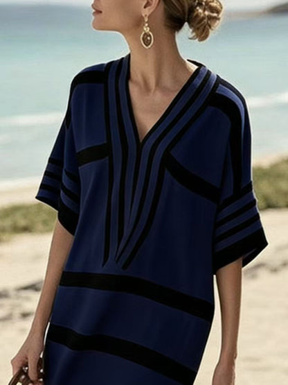 Striped Half Sleeve Midi Dress