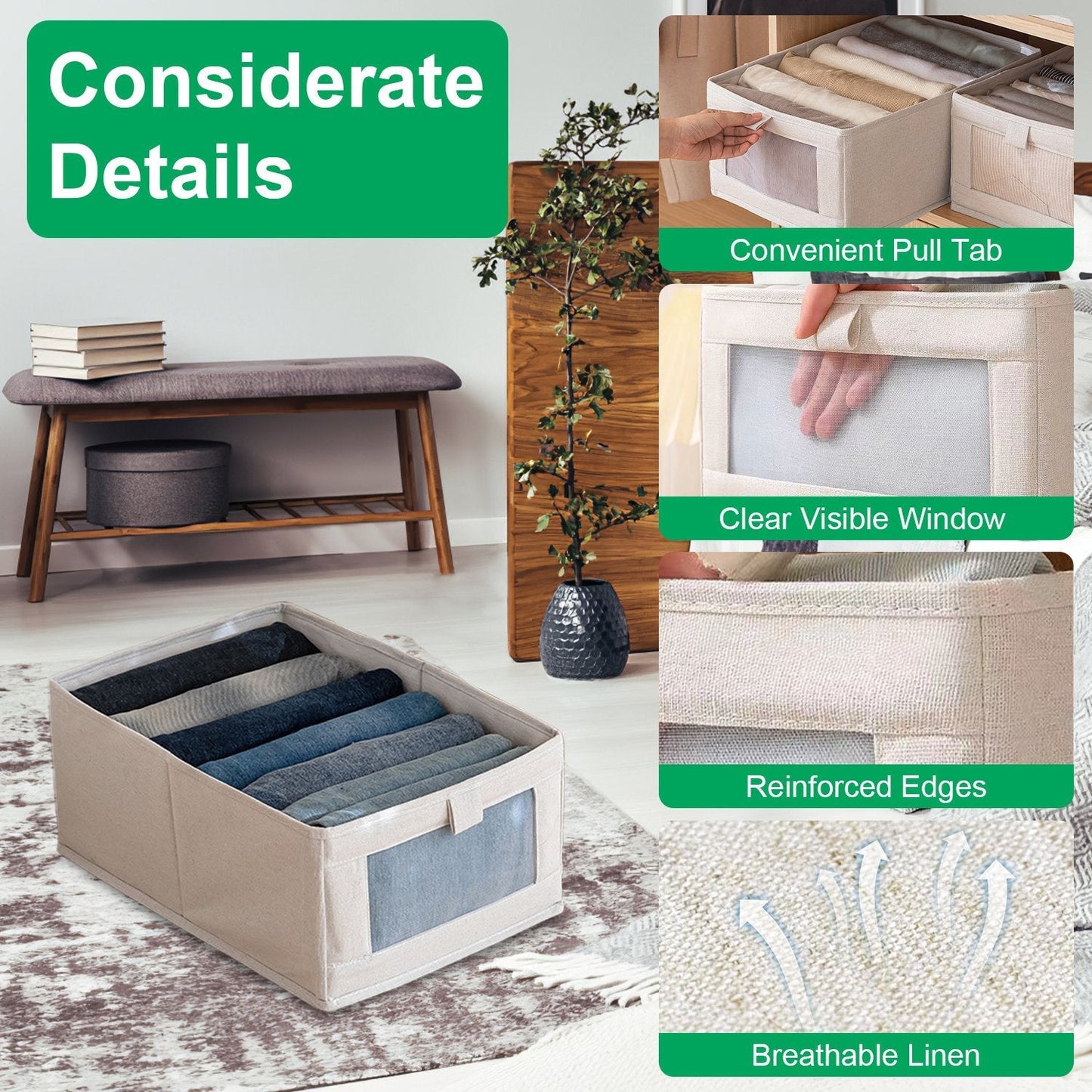 4Pcs Foldable Linen Clothing Storage Bin with Visible Clear Window Convenient Handle Multipurpose Collapsible Storage Basket Closet Fabric Container F