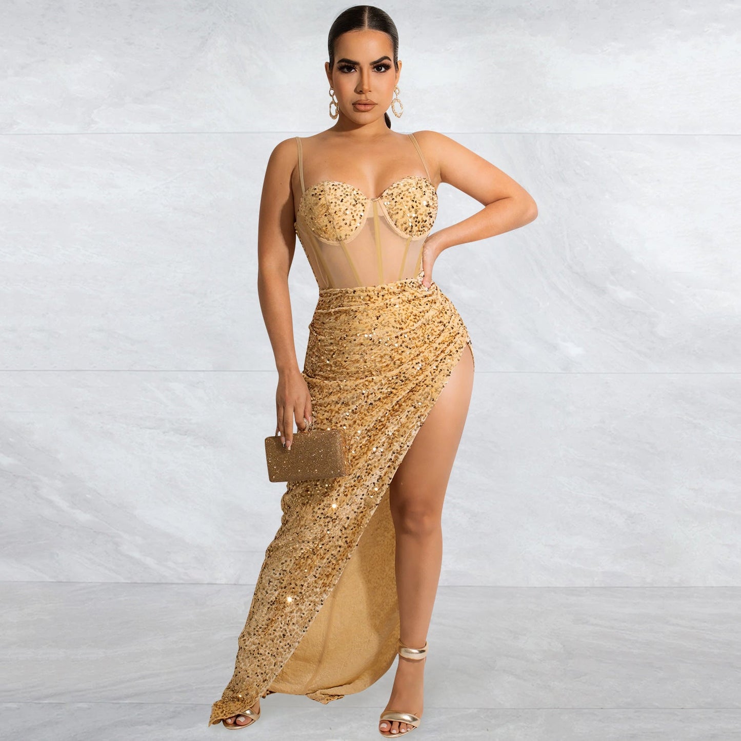 Suspenders Sequin Mesh See through Irregular Asymmetric Slit Dress Women